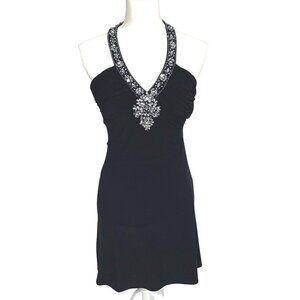 Black Halter Jeweled Jersey Cocktail Mini Dress XS Mesh Back Morgan & Co. Flowy